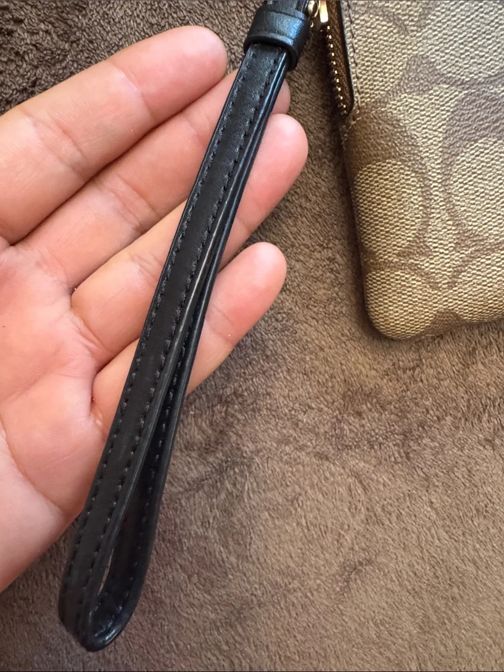Coach Brown Signature Canvas Wristlet with Black Center Stripe